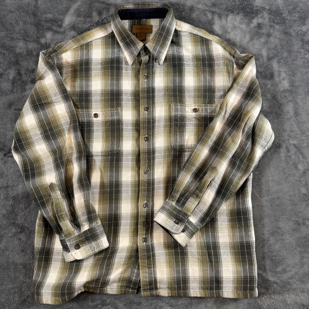 Vintage St Johns Bay Men Large Olive Green Plaid Flannel Shirt Corduroy Trim 90s